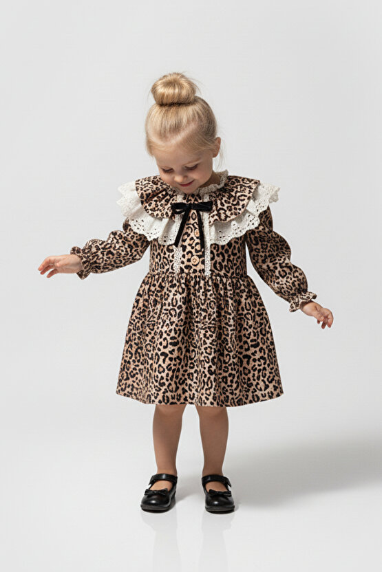 Kız Bebek Elbise Kız Çocuk Elbise Leopar Doğum Günü Parti Düğün Özel Gün Uzun Kol Astarlı Elbise