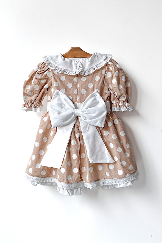 Kız Bebek Kız Çocuk Doğum Günü Parti Düğün Elbise Yarım Kol Astarlı Puanlı Fiyonklu Elbise