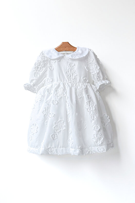 Kız Bebek Kız Çocuk Doğum Günü Parti Düğün Elbise Yarım Kol Astarlı Yakalı Çiçekli Elbise