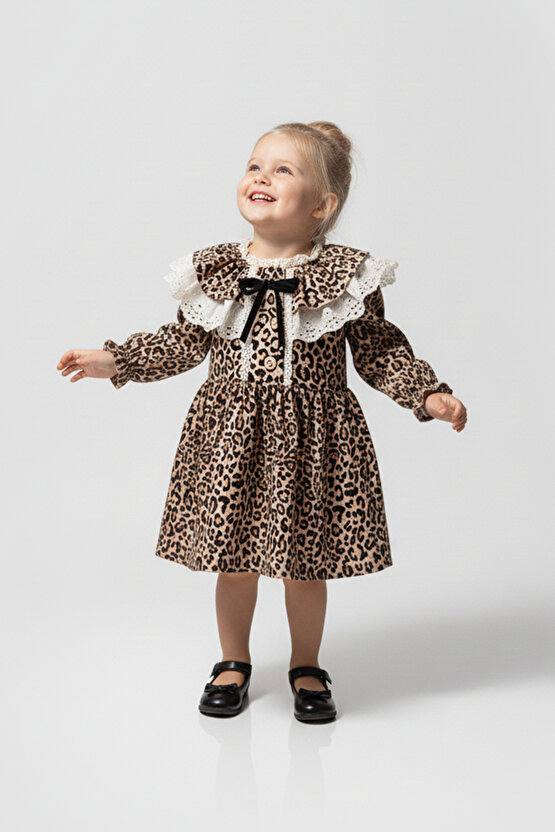Kız Bebek Elbise Kız Çocuk Elbise Leopar Doğum Günü Parti Düğün Özel Gün Uzun Kol Astarlı Elbise