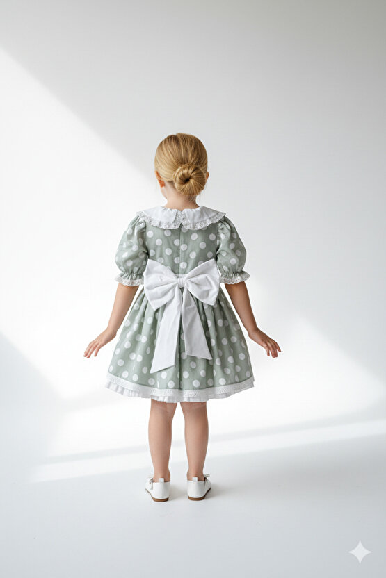 Kız Bebek Kız Çocuk Doğum Günü Parti Düğün Elbise Yarım Kol Astarlı Puanlı Fiyonklu Elbise