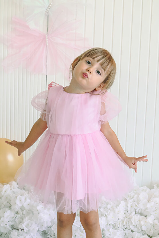 Kız Bebek Kız Çocuk Doğum Günü Parti Düğün Elbise Balonkol Kanatlı Tüllü Tütülü Tütü Astarlı
