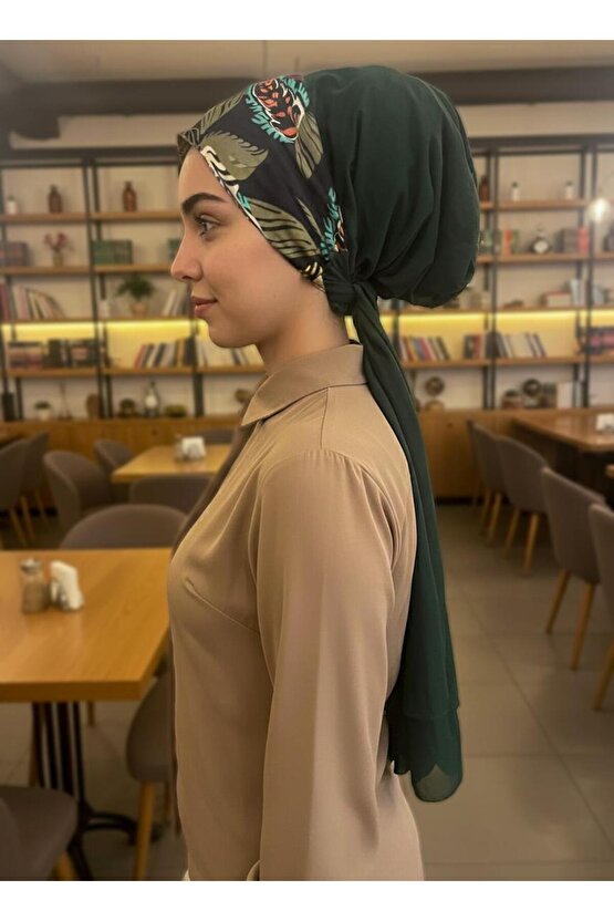 Zümrüt Yaprak Desenli Eşarp Bone