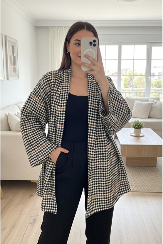 Siyah Taba Kaşe Kazayağı Desen Kuşaklı Kimono Ceket  Kışlık Ürün