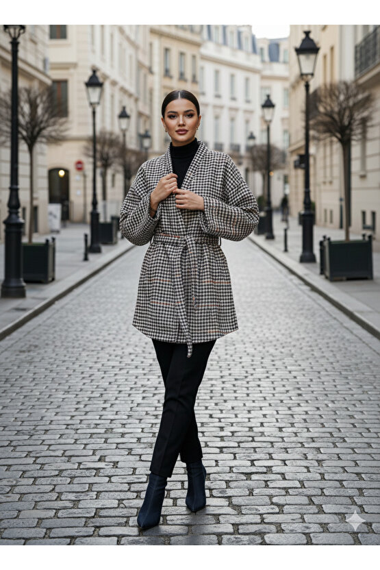Siyah Taba Kaşe Kazayağı Desen Kuşaklı Kimono Ceket  Kışlık Ürün