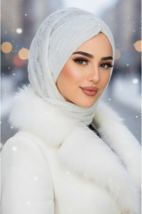 Beyaz Triko Kelebek Model Büzgülü Bone Şal