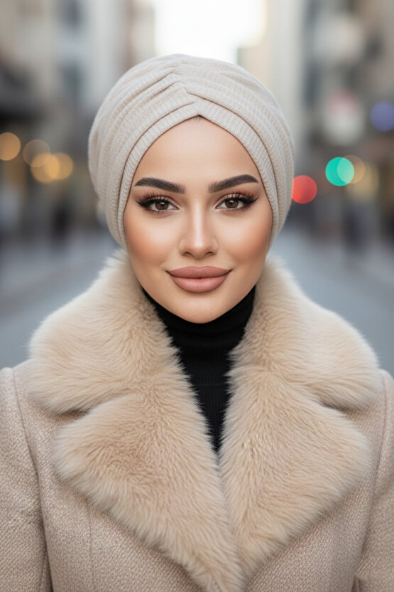 Taş Rengi Kışlık Büzgülü Bone