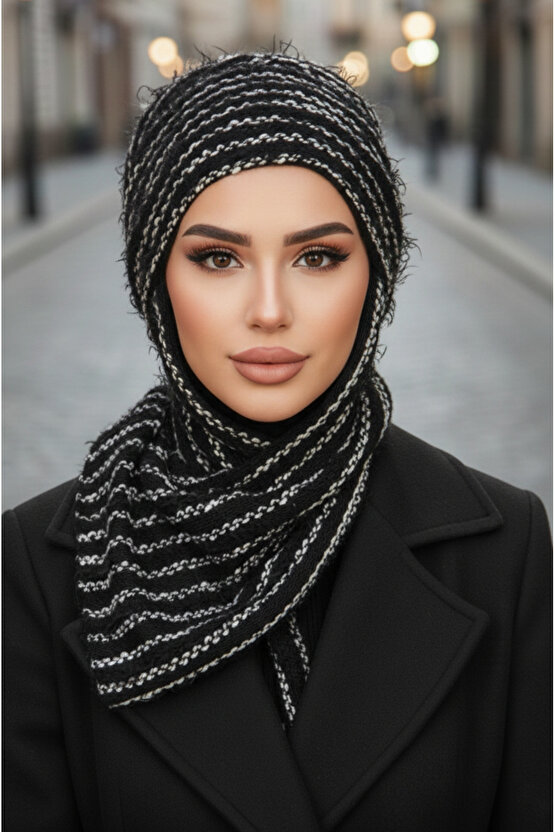 Siyah Çizgili Kelebek Bone Şal