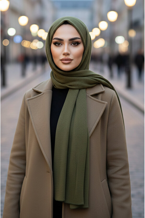 Haki Kapüşonlu Çıtçıtlı Şal