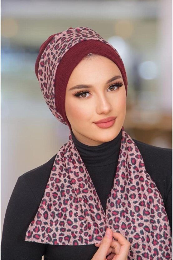 Bordo Leopar Desen Fularlı Bone