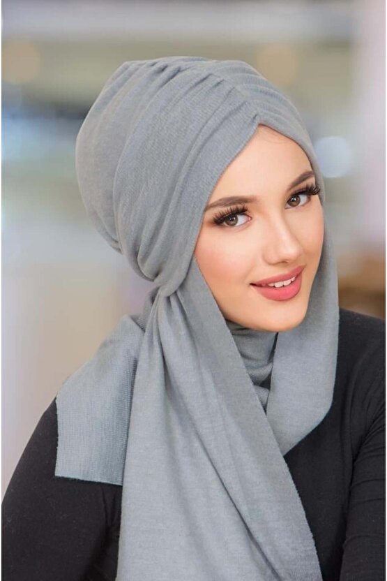 Gri Triko Kelebek Model Büzgülü Bone Şal