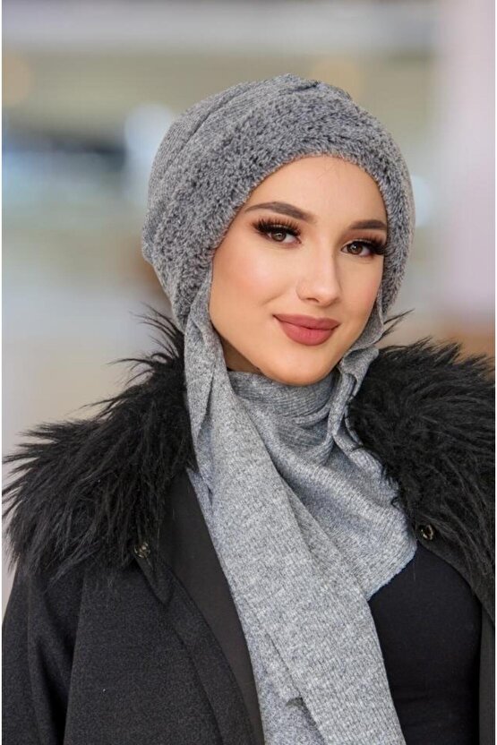 Gri Kürklü Kelebek Bone Şal