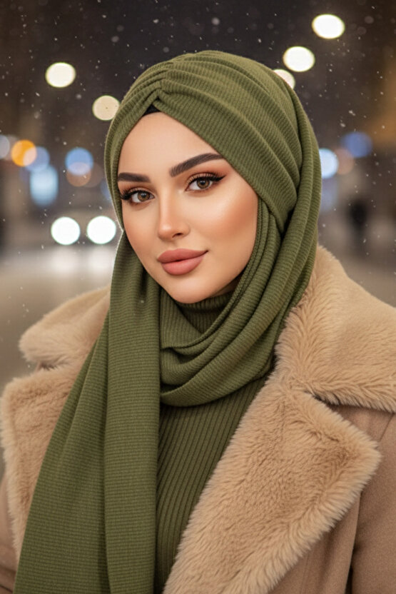 Haki Triko Kelebek Model Büzgülü Bone Şal