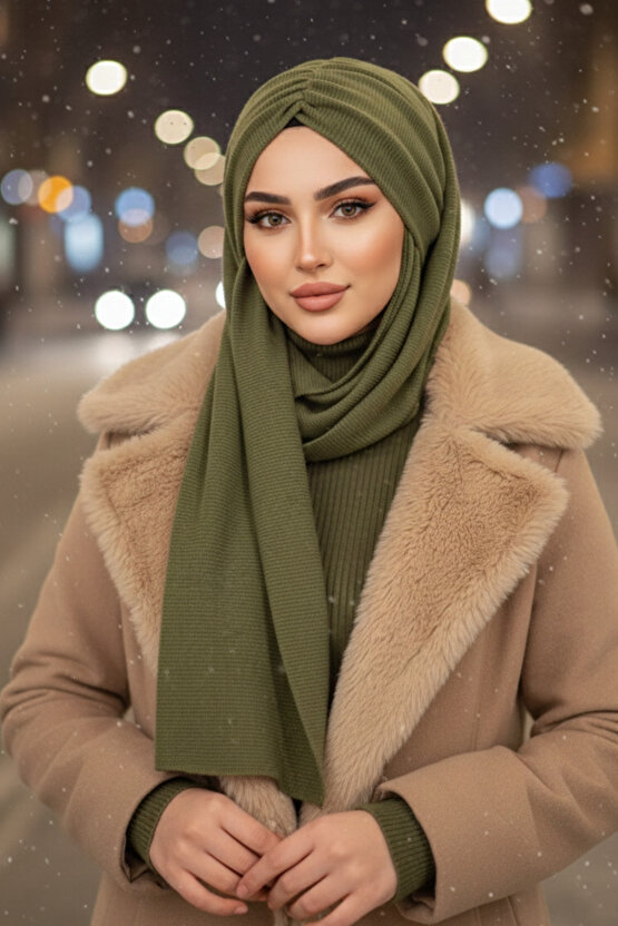 Haki Triko Kelebek Model Büzgülü Bone Şal