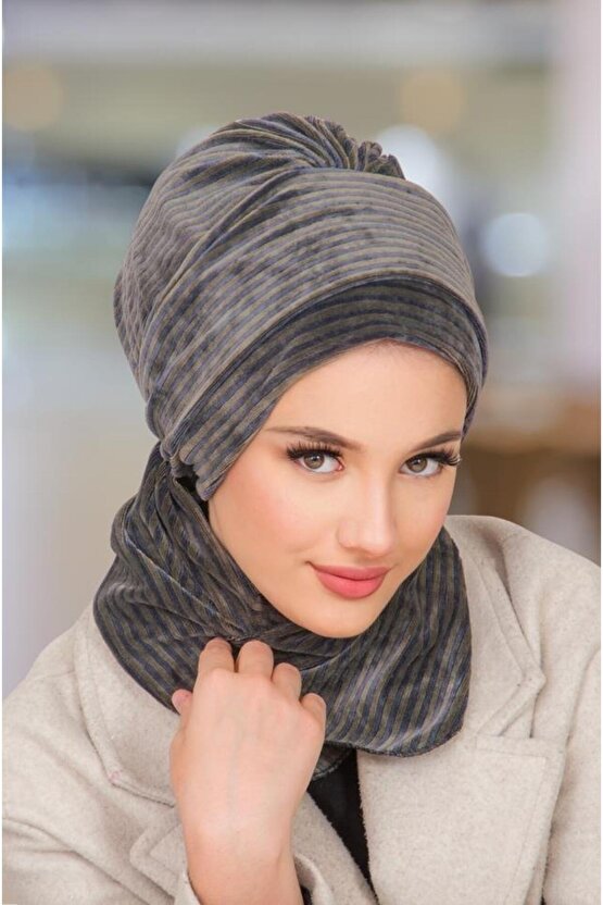 Antrasit Çizgili Kadife Atkılı Tesettür Bone