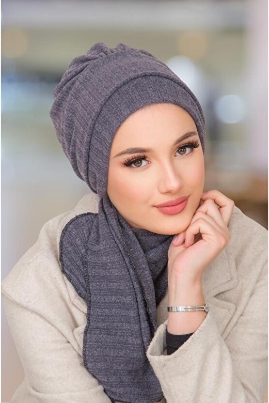 Koyu Gri Triko Atkılı Tesettür Bone