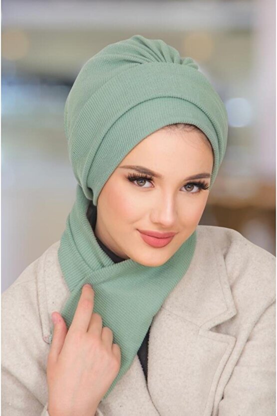 Pastel Yeşil Atkılı Tesettür Bone
