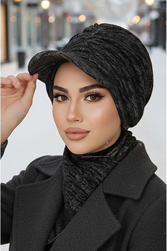 Siyah Gri Melanj Tesettür Şapka ve Etol Takım