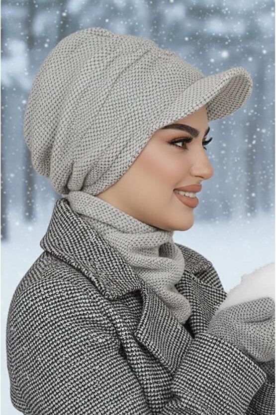 Kırık Beyaz Petek Desen Tesettür Şapka ve Etol Takım