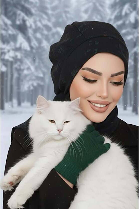 Siyah Yeşil Desen Tesettür Bere