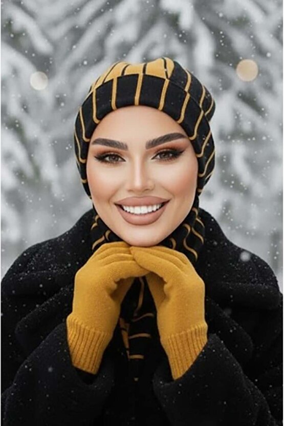 Hardal Siyah Çizgili Tesettür Bere