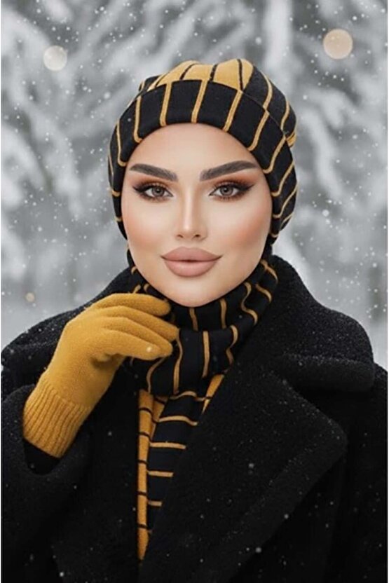 Hardal Siyah Çizgili Tesettür Bere