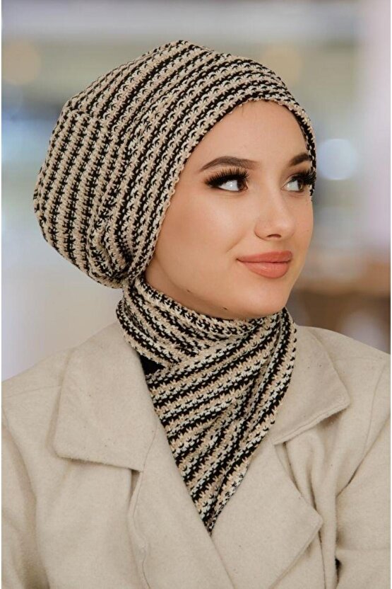 Siyah Bej Çizgili Tesettür Bere Ve Etol Takım