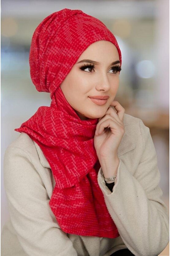 Kırmızı Desen Kışlık Kelebek Bone Şal