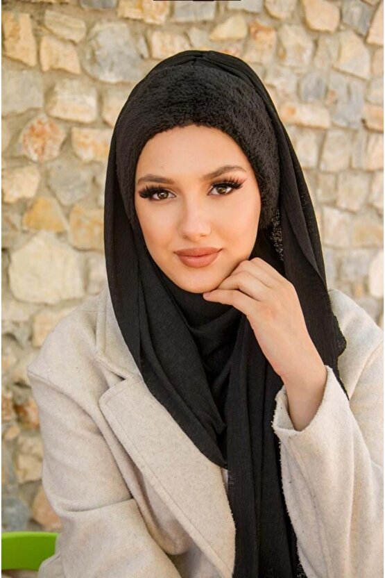 Siyah Kürklü Kelebek Bone Şal