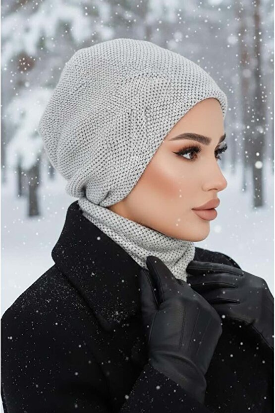 Beyaz Petek Desen Fiyonklu Tesettür Bere ve Etol Takım