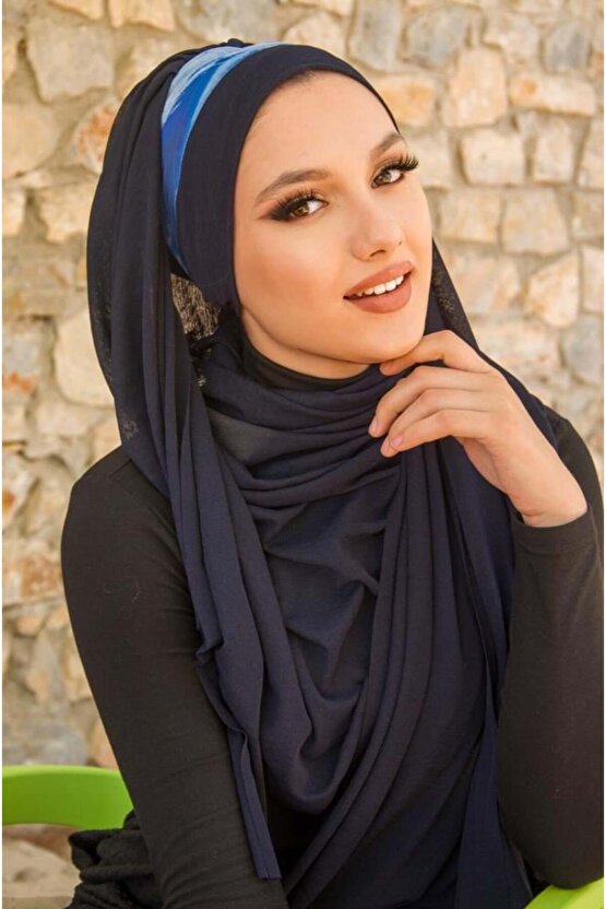 Lacivert Saks Batik Desen Bandana Şal