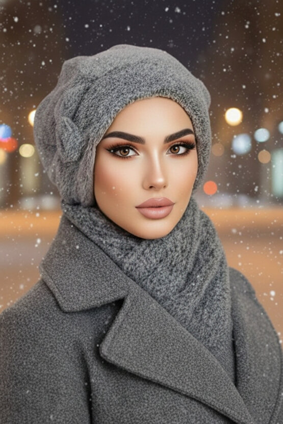 Gri Melanj Welsoft Etol ve Tesettür Bere Takım