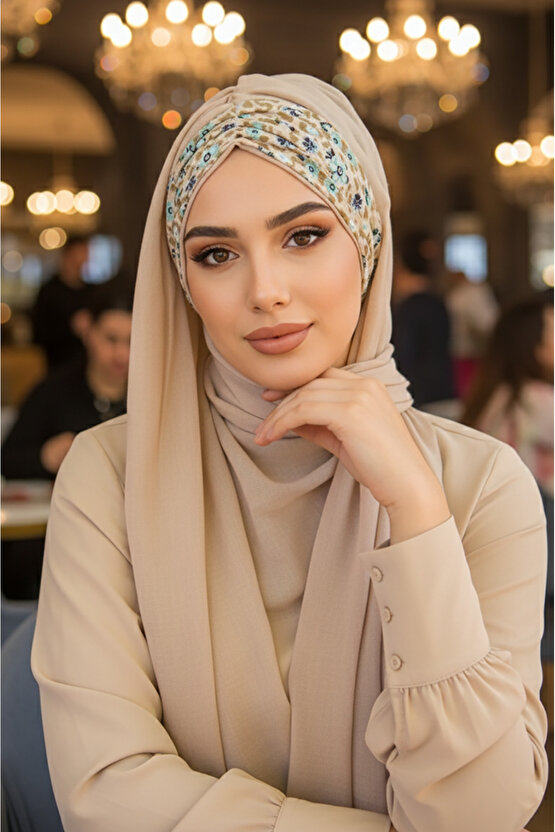 Bej Çiçek Desen Hazır Şal