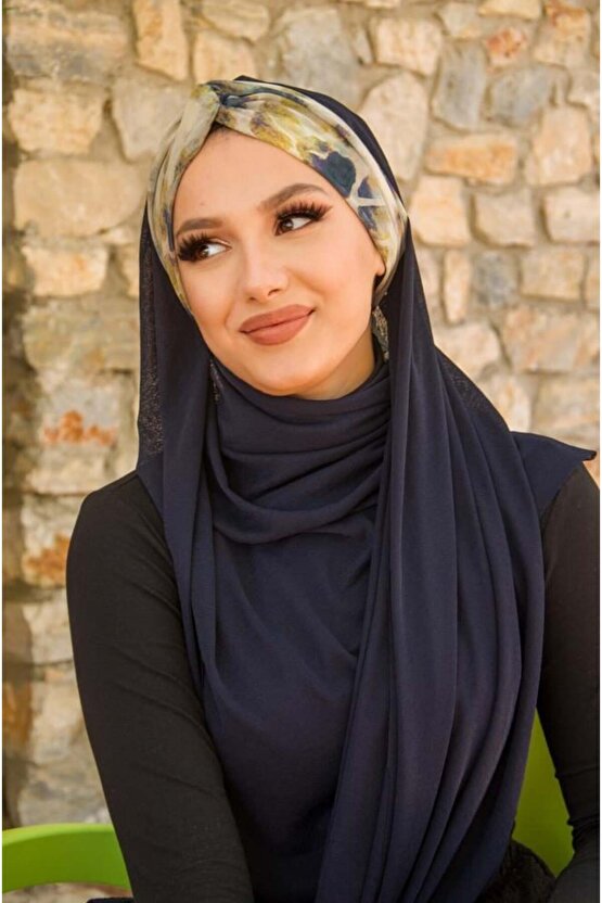 Lacivert Batik Desen Burgu Hazır Şal