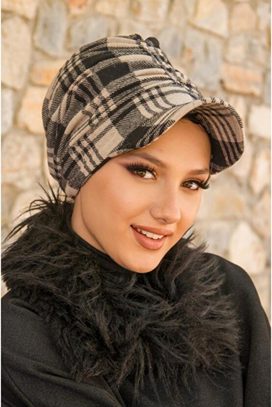 Vizon Siyah Ekose Desen Tesettür Şapka