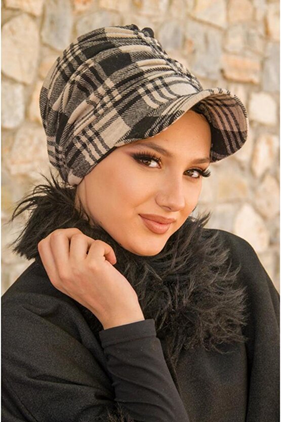 Vizon Siyah Ekose Desen Tesettür Şapka