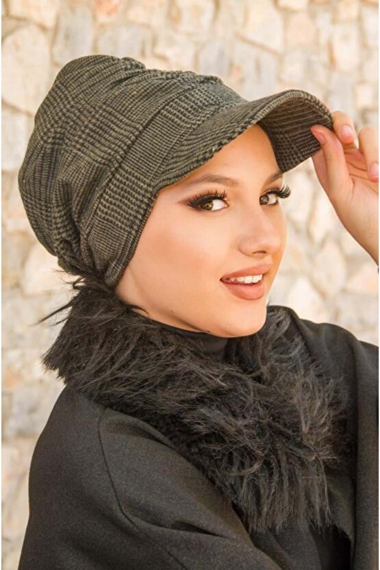 Haki Siyah Ekose Desen Tesettür Şapka