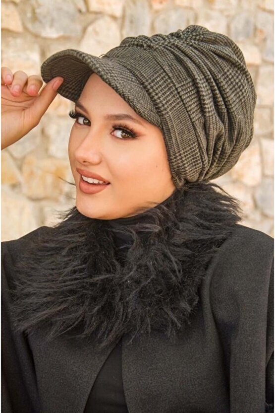 Haki Siyah Ekose Desen Tesettür Şapka