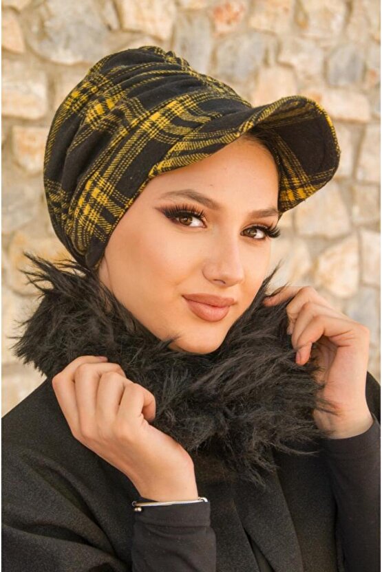 Siyah Hardal Ekose Desen Tesettür Şapka