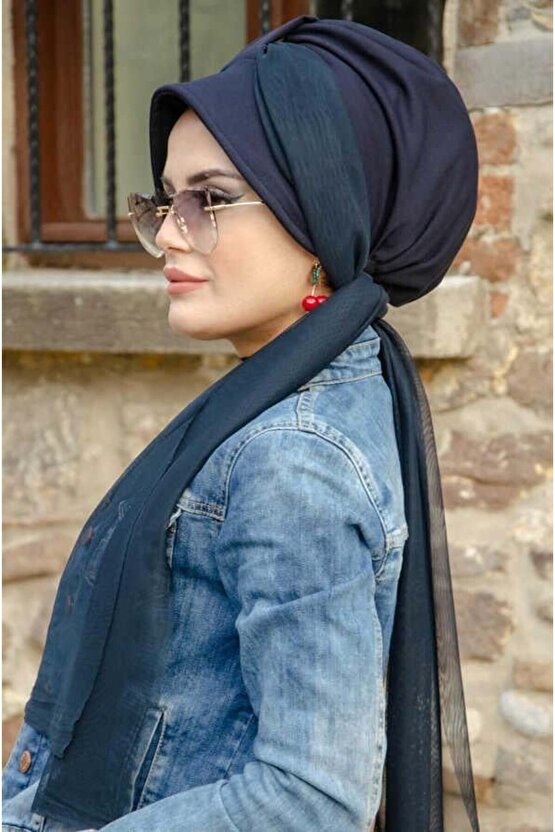 Lacivert Şapkalı Fularlı Şapka Bone