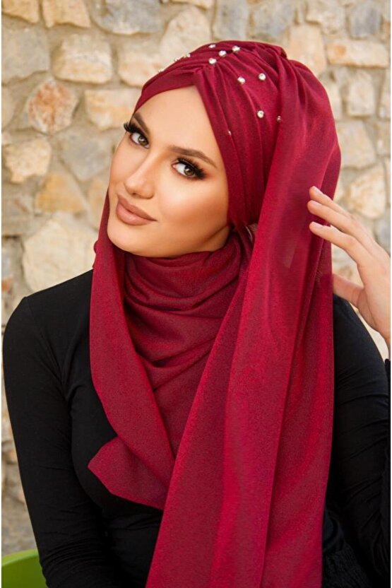 Bordo Işıltılı Taşlı Abiye Şal