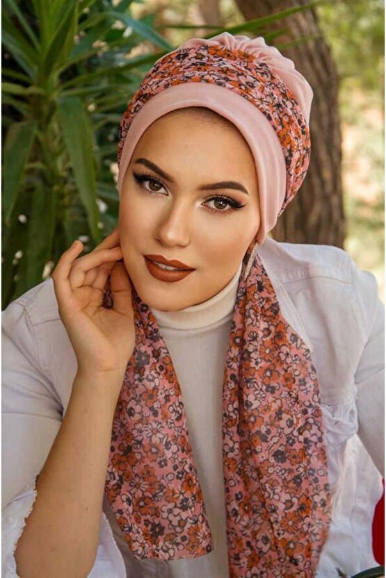 Pudra Bahar Çiçek Desen Fularlı Bone
