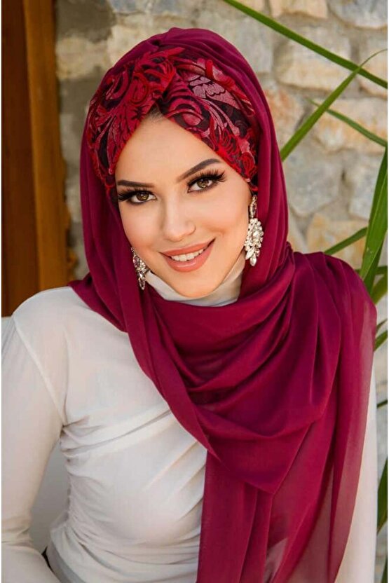 Bordo Çiçek Desen Burgu Hazır Şal