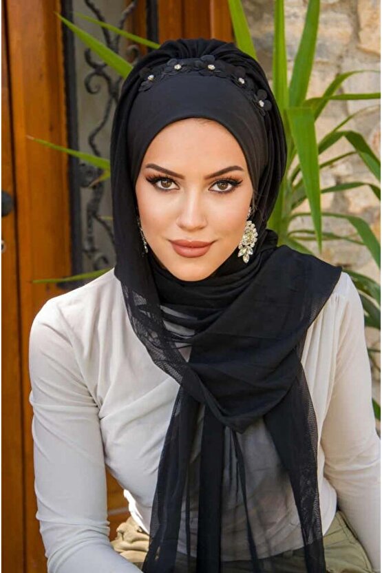 Siyah Çiçek Taşlı Hazır Abiye Şal