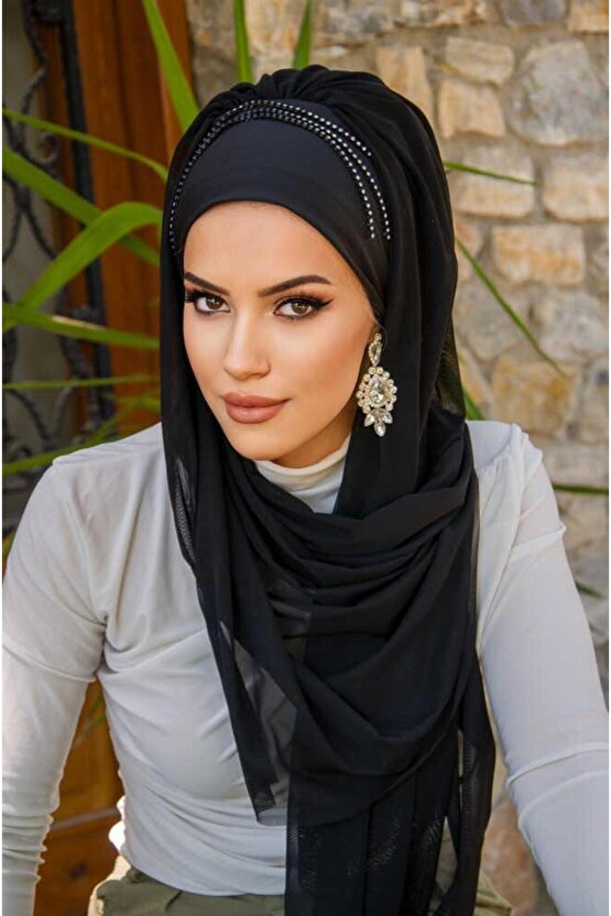 Siyah Taş Detaylı Hazır Abiye Şal