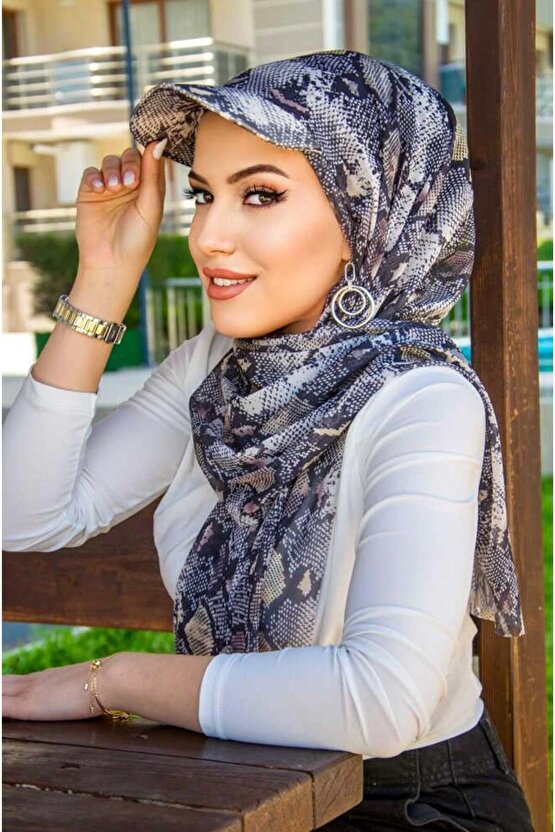 Siyah Yılan Derisi Desen Kepli Bandana Şapka Şal