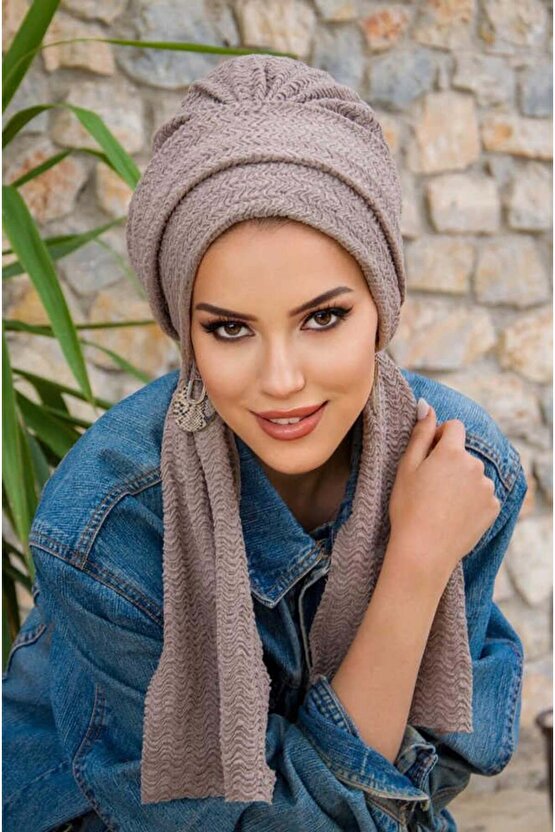 Taş Rengi Piliseli Atkılı Bone