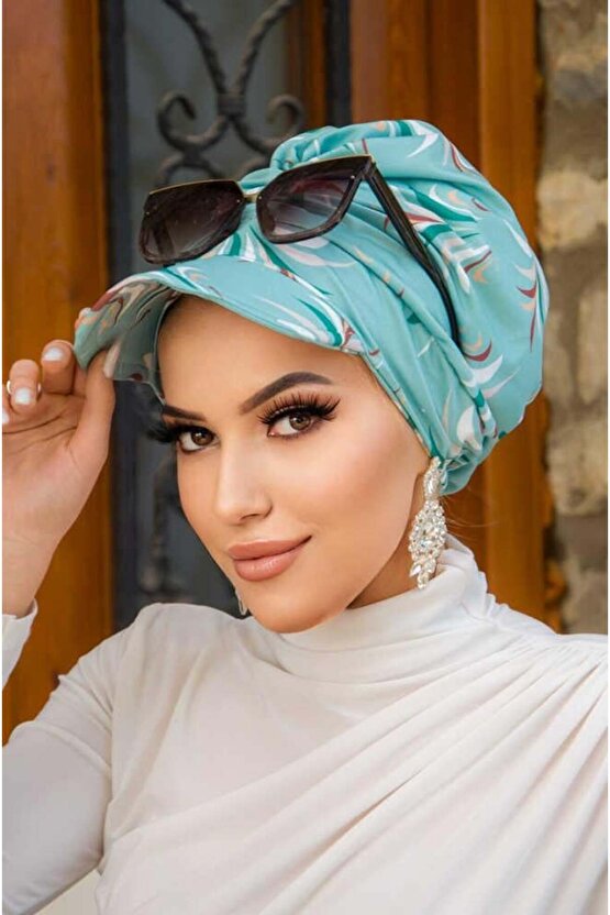Mint Desenli Tesettür Şapka Bone