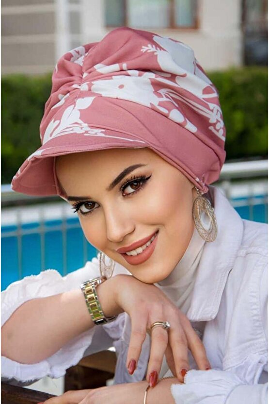 Koyu Pudra Beyaz Desen Bantlı Şapka Bone