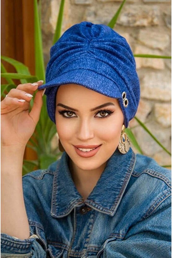 Kot Mavi Desen Metal Detaylı Tesettür Şapka Bone